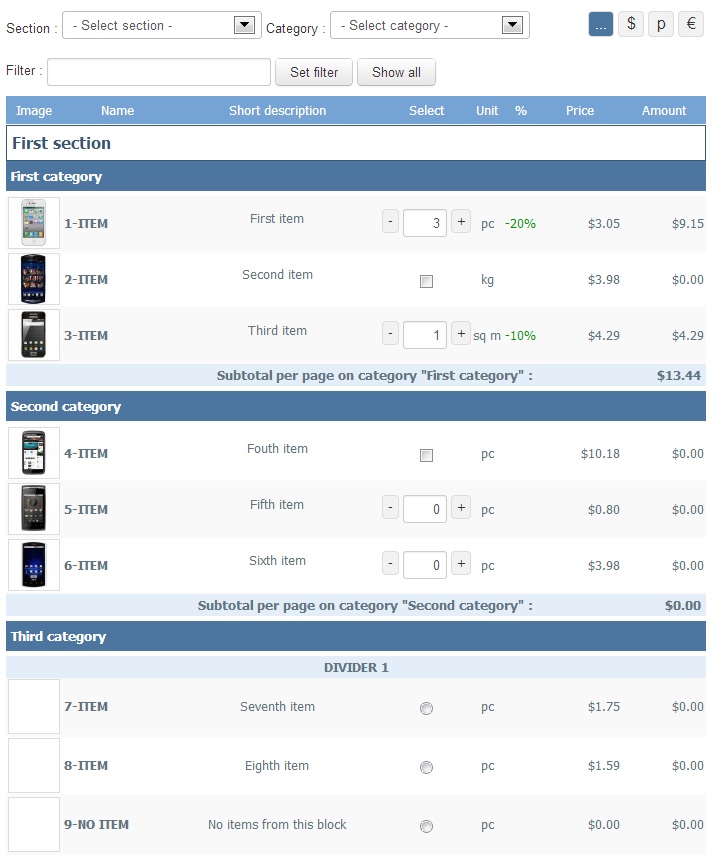 Price list with images, sections and categories